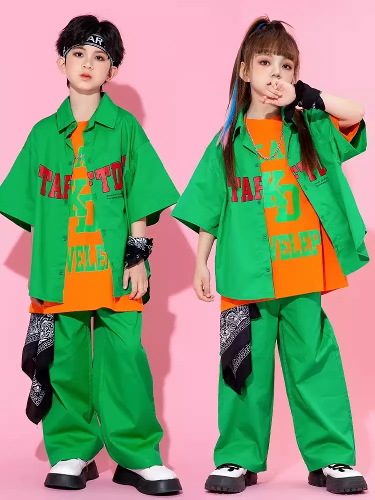 

2023 Green Hip Hop Dance Clothing For Kids Loose Shirt Pants Short Sleeves Jazz Performance Suit Girls Modern Dance Wear BL10927