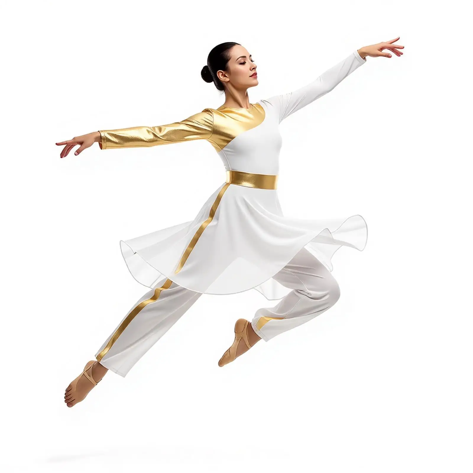 Women Liturgical Dance Dress Long Sleeve Asymmetrical Hem Contrast Color Dress Metallic Patchwork Wide-Leg Pant Performance Suit