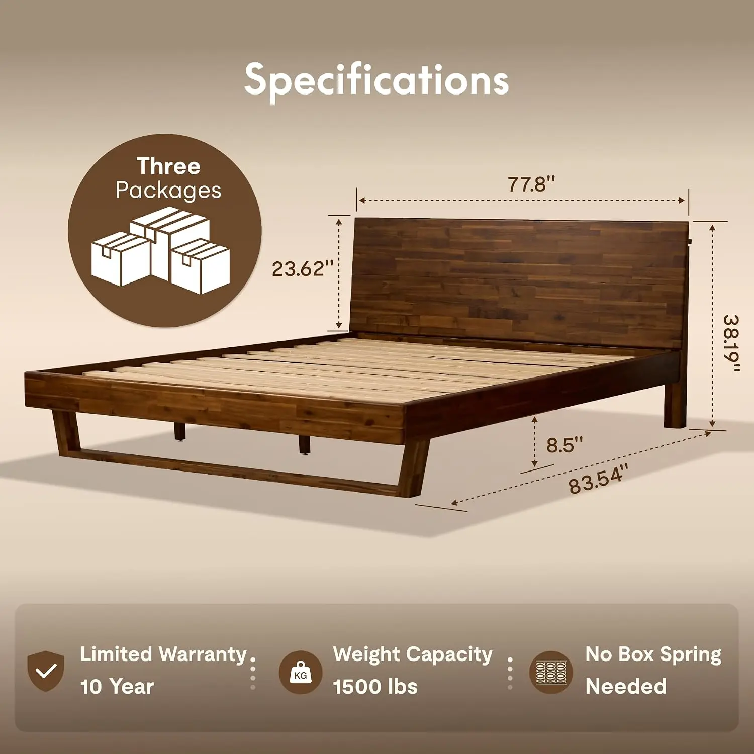 Solid Acacia Wood Bed King Tool-Free Assembly Bedroom Furniture, Customized