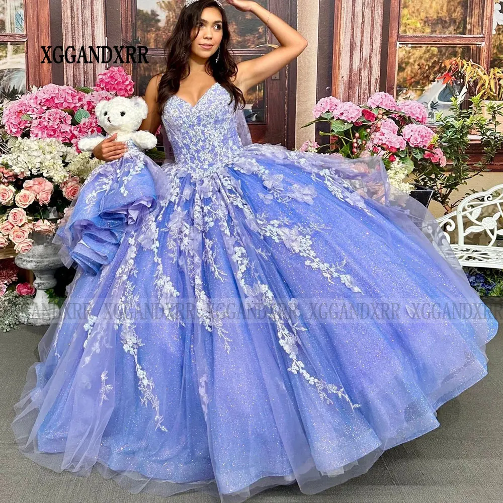 Vestido De quinceañera azul con estampado Floral 3D, traje De Baile De Princesa con lentejuelas, mariposa, 15 Años, con capa, 2024