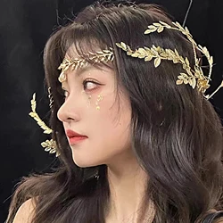 Golden Alloy Branch Greek Bride Wedding Hair Accessories for Women Adjustable Fairy Princess Queen Forehead Crown Hair Jewelry