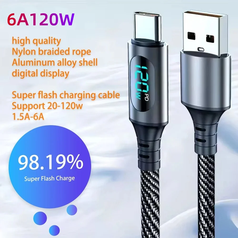 120W Digital Display USB Type C Fast Charging Cable Nylon Braided 6A High Speed Charging Wire Durable Mobile Phone Charge Cable