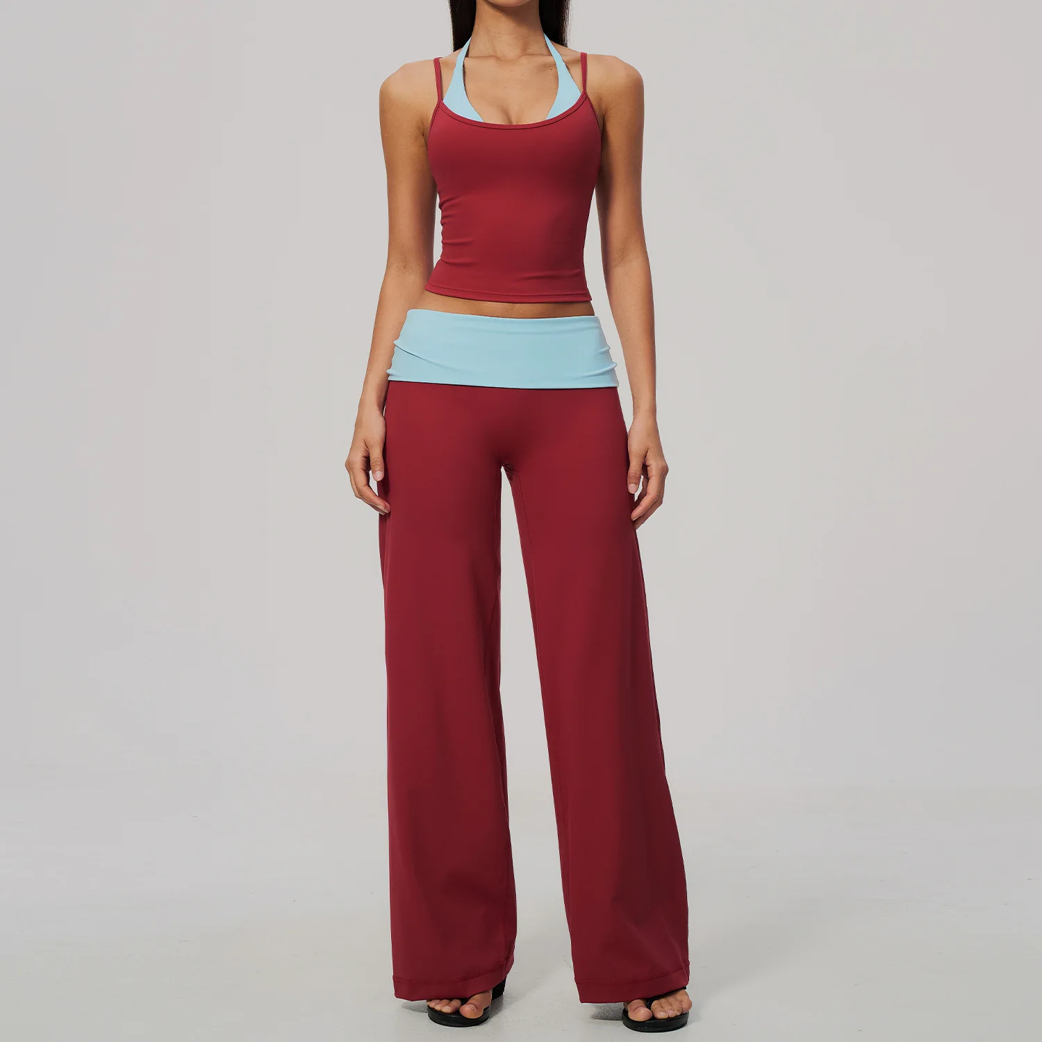 Women 2 Piece Yoga Set Gym Clothing Fitness Suit Workout Tracksuit Running Sportswear Outfits Layered Open Back Wide Leg Pants