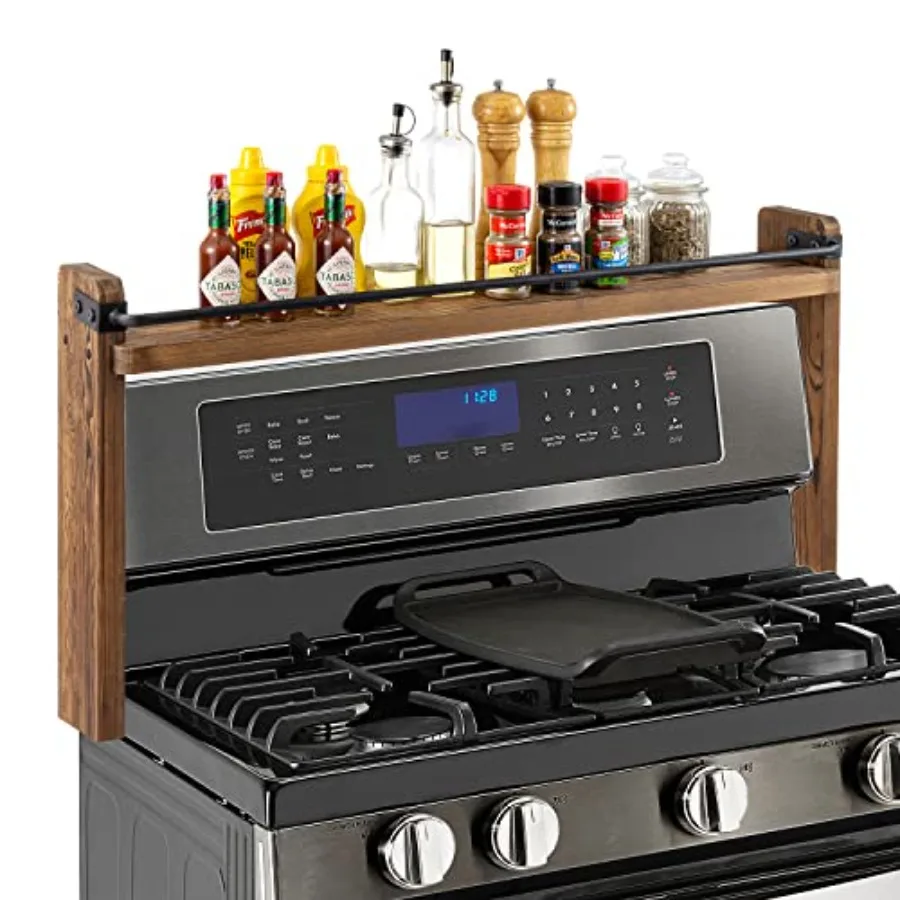 

33 Inch Stove Top Spice Rack - Deluxe Rustic Solid and Industrial Metal Space Saving Over The Stovetop Range Storage Display Sh