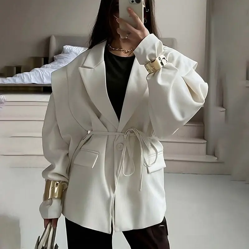 

New women's clothing 2025 autumn high-end waist lace-up shoulder padded blazer women