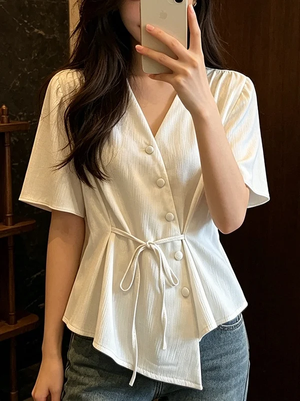 

plus Size Women's Fashionable V-Neck Shirt Slimming Design Textured Sensation Shoulder Width Regular Summer New Arrival