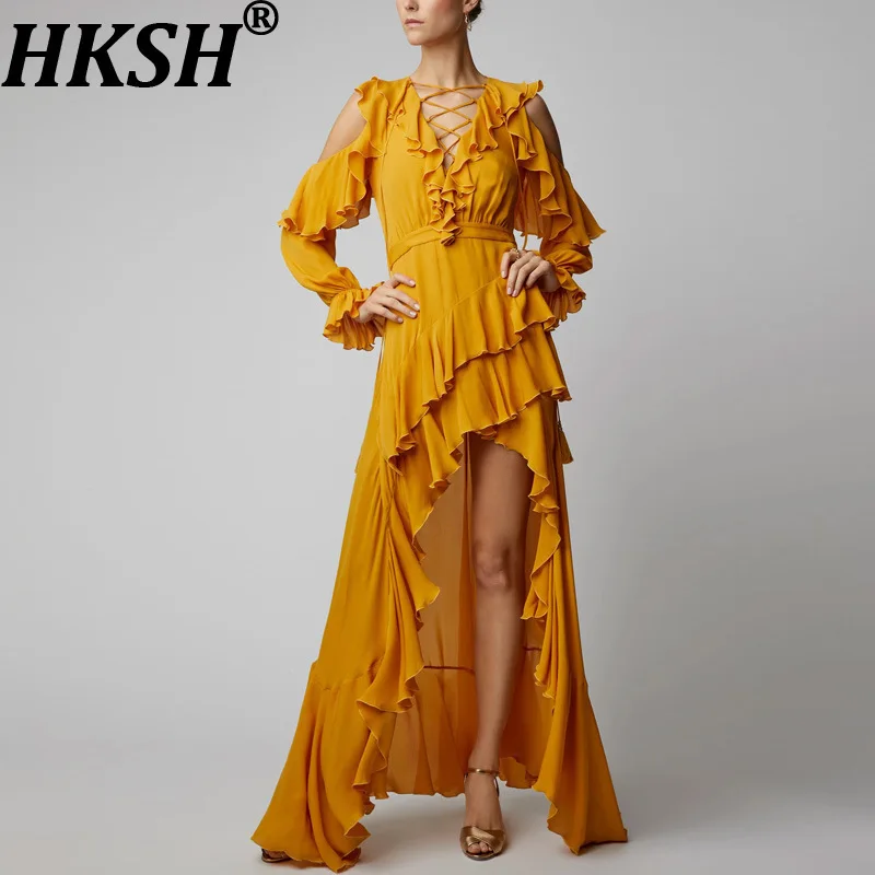 HKSH Summer New Women Elegant High Street Stylish Off Shoulder Long Sleeved Irregular Ruffles Waist Cinching Gown Dresses HK7103