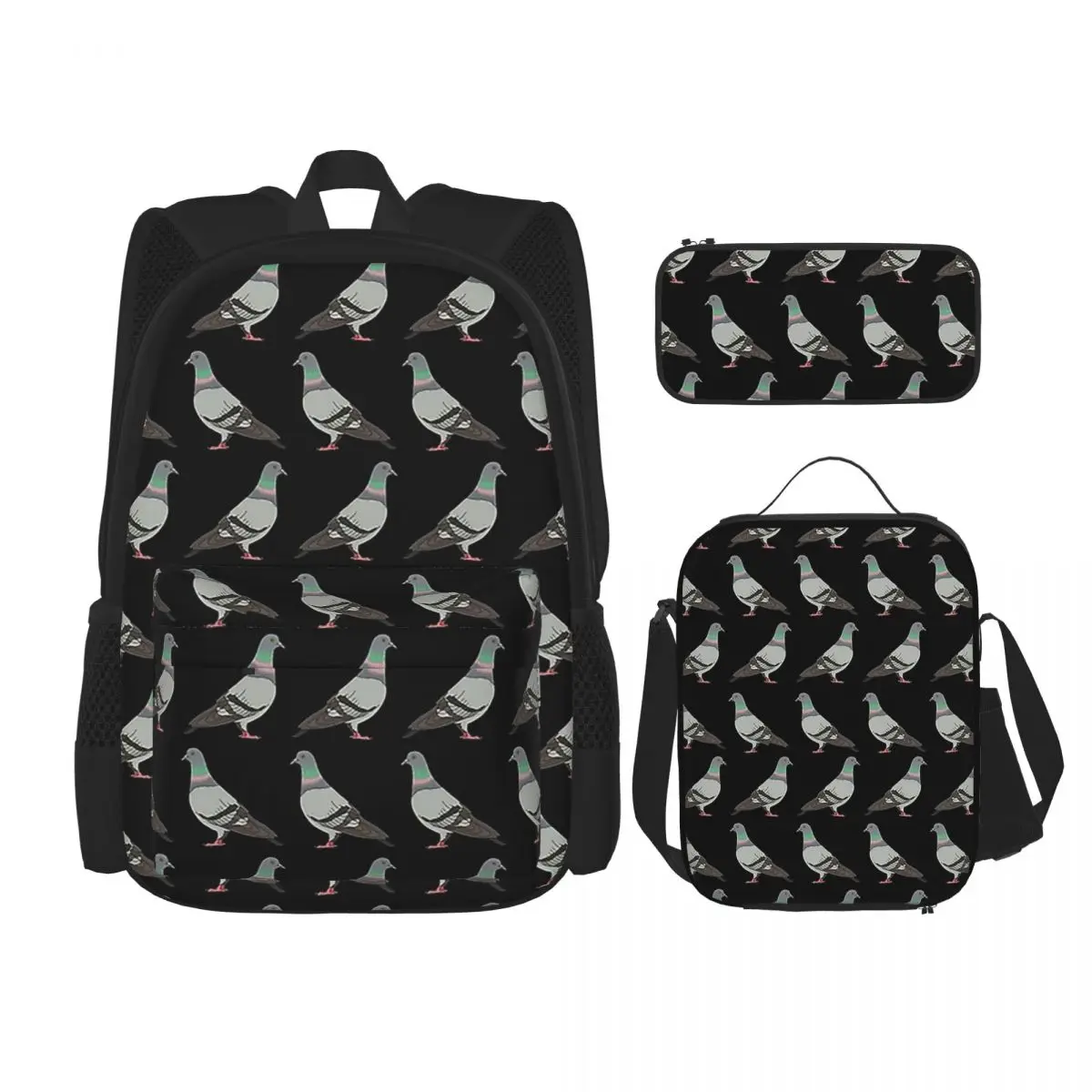 

Pigeon Walk Black Background Backpacks Boys Girls Bookbag Students School Bags Kids Rucksack Lunch Bag Pen Bag Three-Piece Set
