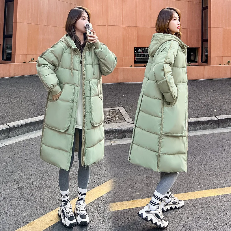 

Women Long Coats Zipper Thick Hoodies Parkas Patchwork Pockets Warm Spliced Straight Jackets Casual Full Sleeved Coat Winter