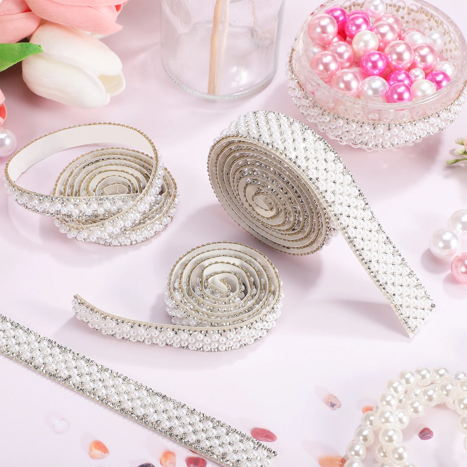 

3 pcs Pearl Rhinestone Tape Self Adhesive Trim For Crafts Wedding Dress Shoe Bag Diy Embellishment Ribbon Sticker Beaded Trim