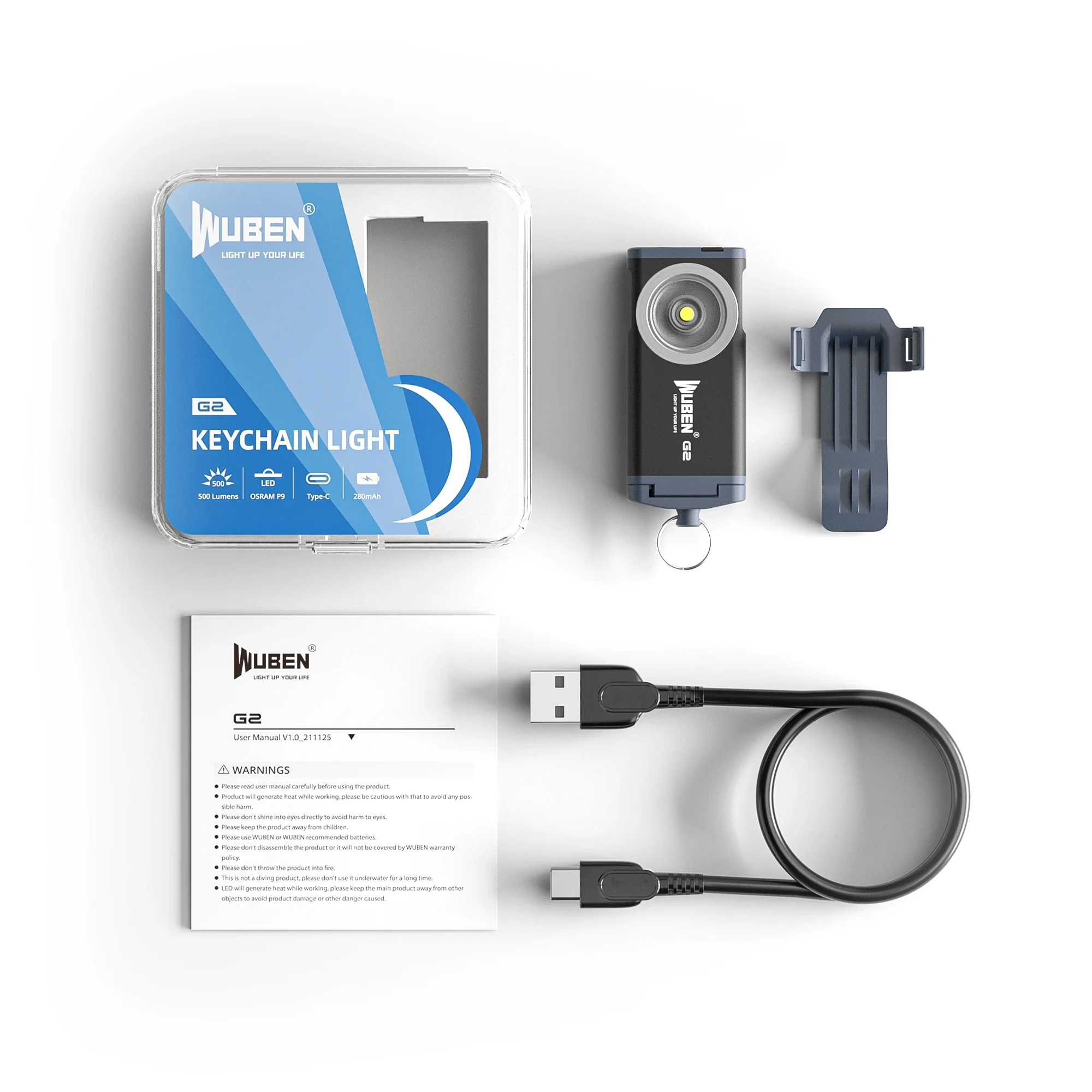 WUBEN G2 Llavero Luz 500 Lúmenes Tipo-C Recargable 5 Modos de Iluminación Cola Magnética 175 ° Linterna LED portátil gran angular