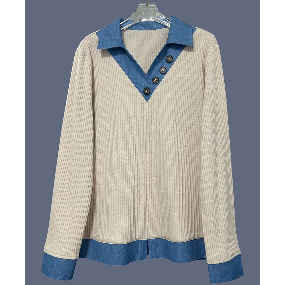 Trendy V-Neck Denim Collar Patchwork Sweaters European American Style Long Sleeve Knitted Pullover Tops Casual Loose Sweater