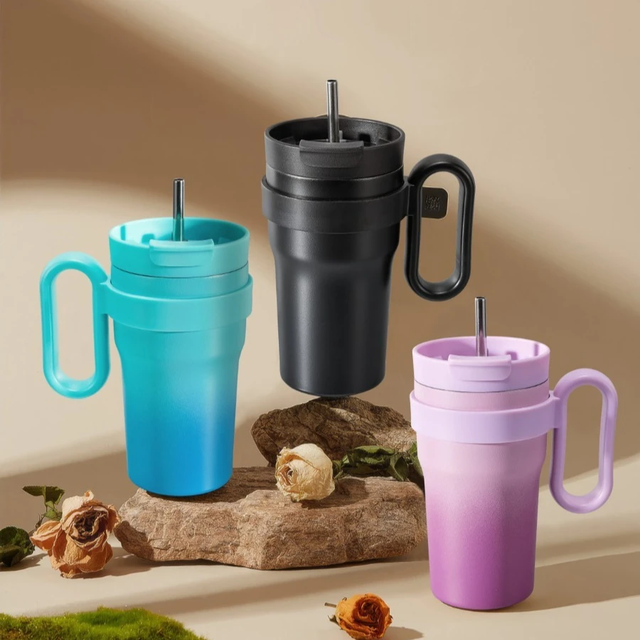 

New large-capacity straw straight coffee cup car portable with handle simple high value stainless steel vacuum insulation cup