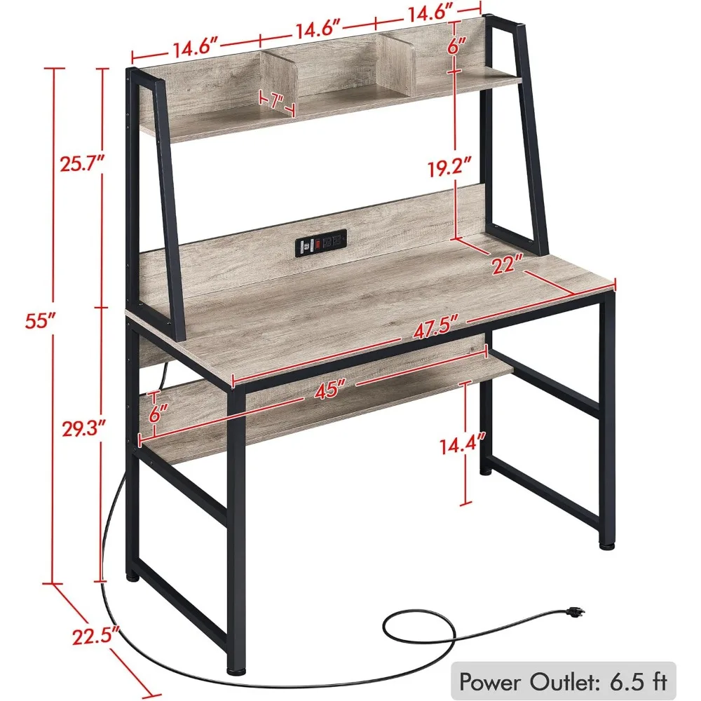 47" Study and Gaming Computer Desk with Power Outlets and USB Ports - Home Office Writing Table with Charging Features