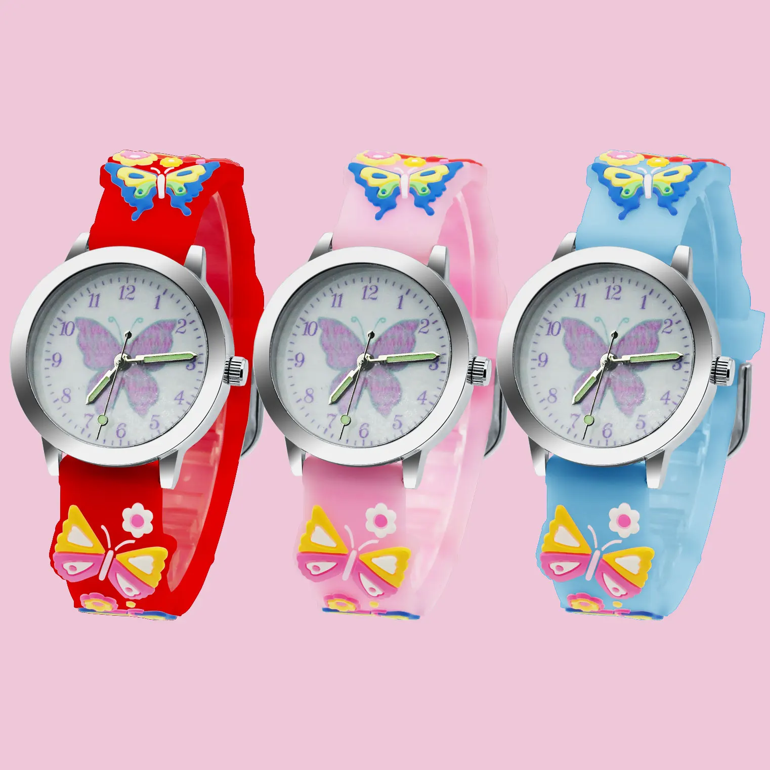 Montre à Quartz en Silicone pour fille, cadran papillon, rose, noir, brille dans la nuit, loisirs, sport, école primaire, pour enfants