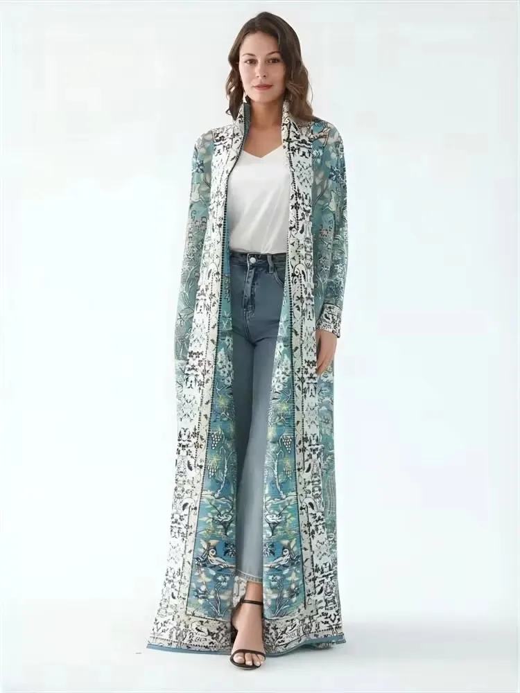 Miyake Pleated Turndown Collar Long Sleeve Cardigan Dress Women 2024 New Abaya Fashion Original Designer Vintage Printed Coat