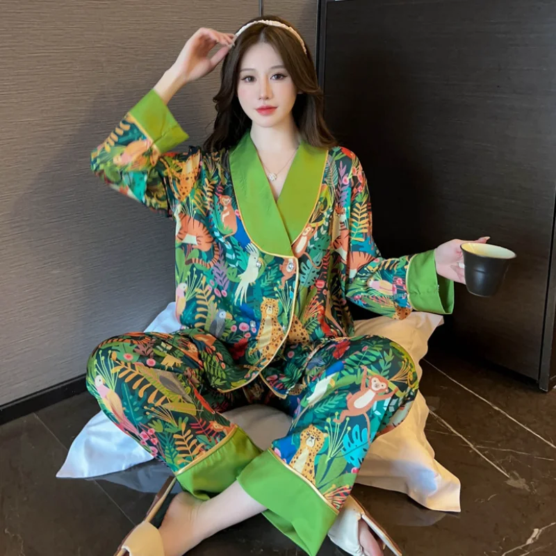 Print Animal Flower V-neck Luxury Pajamas Set for Women Autumn New Casual 2024 Home Suit Nightwear All-match Soft Korean Pajamas