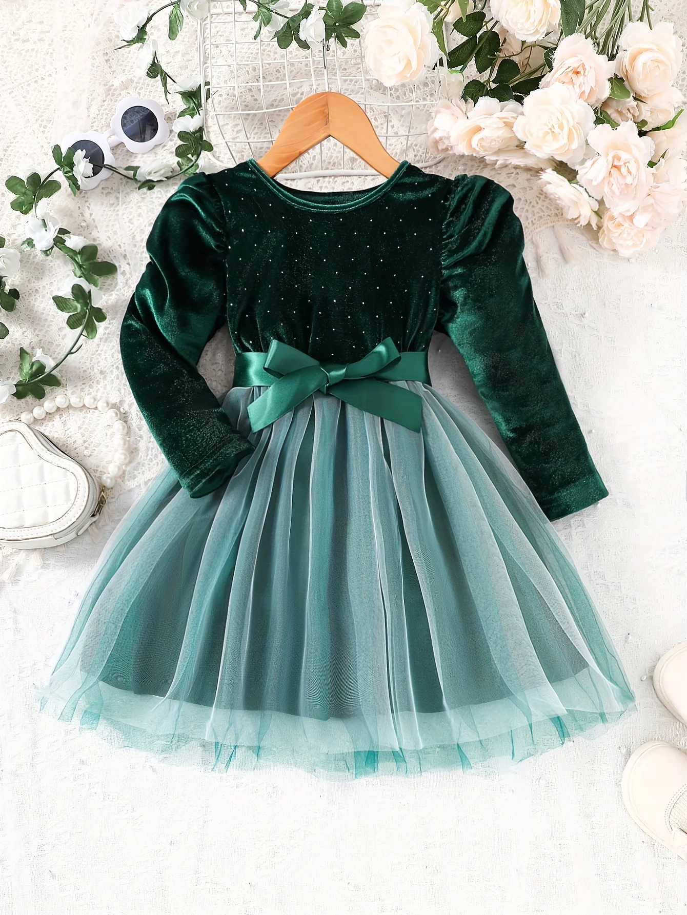 Girls' Knitted Round Neck Long-Sleeved Velvet Mesh Dress Party Dress