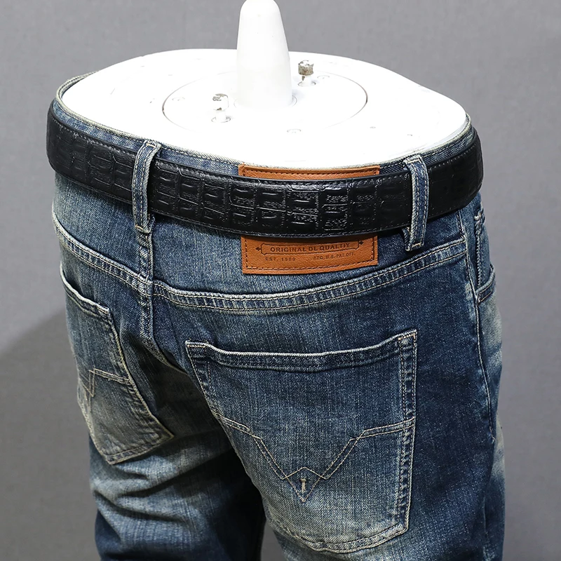 Newly Vintage Fashion Men Jeans Retro Blue Elastic Slim Fit Ripped Jeans Men High Quality Trousers Casual Designer Pants Hombre