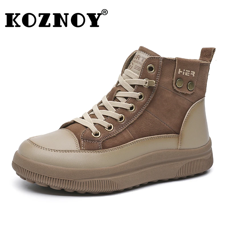 Koznoy 4 ซม.ผู้หญิงหนังข้อเท้ารองเท้าหนังนิ่มฤดูใบไม้ร่วง Comfy Flats รอบ Toe Booties วัวแท้แพลตฟอร์ม WEDGE ฤดูใบไม้ผลิรองเท้า