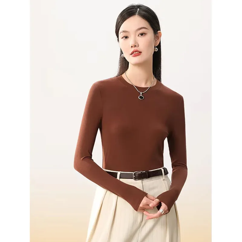 Elastic Soft Wool Self Heating Slim T-shirt Autumn Winter Women Solid Color Inner Knit Warm Top