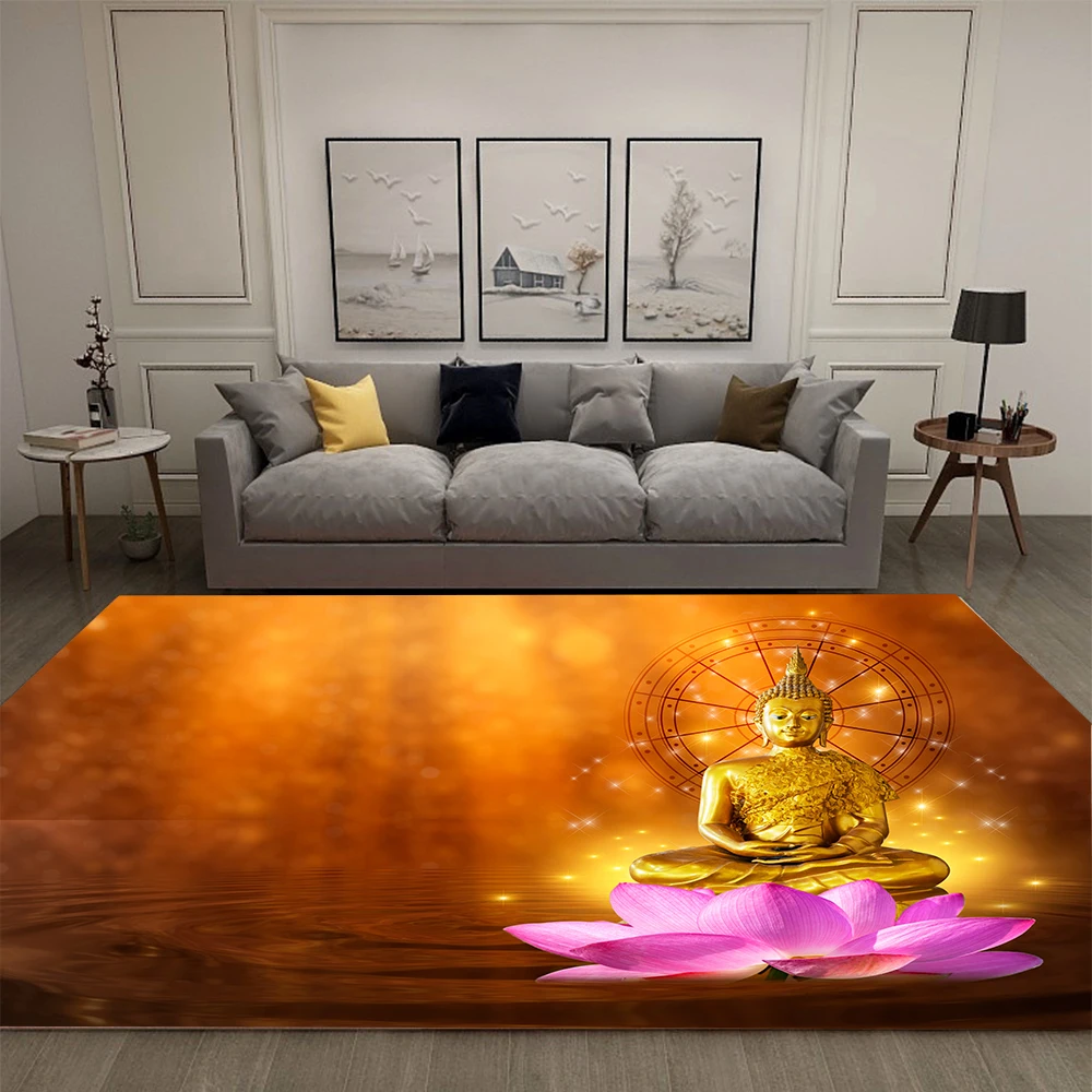 Lotus Rug Indian Buddha Statue Meditation Home Decor Living Room Rug Youth Literature Room Decor Large Rug Anti-Slip Mat