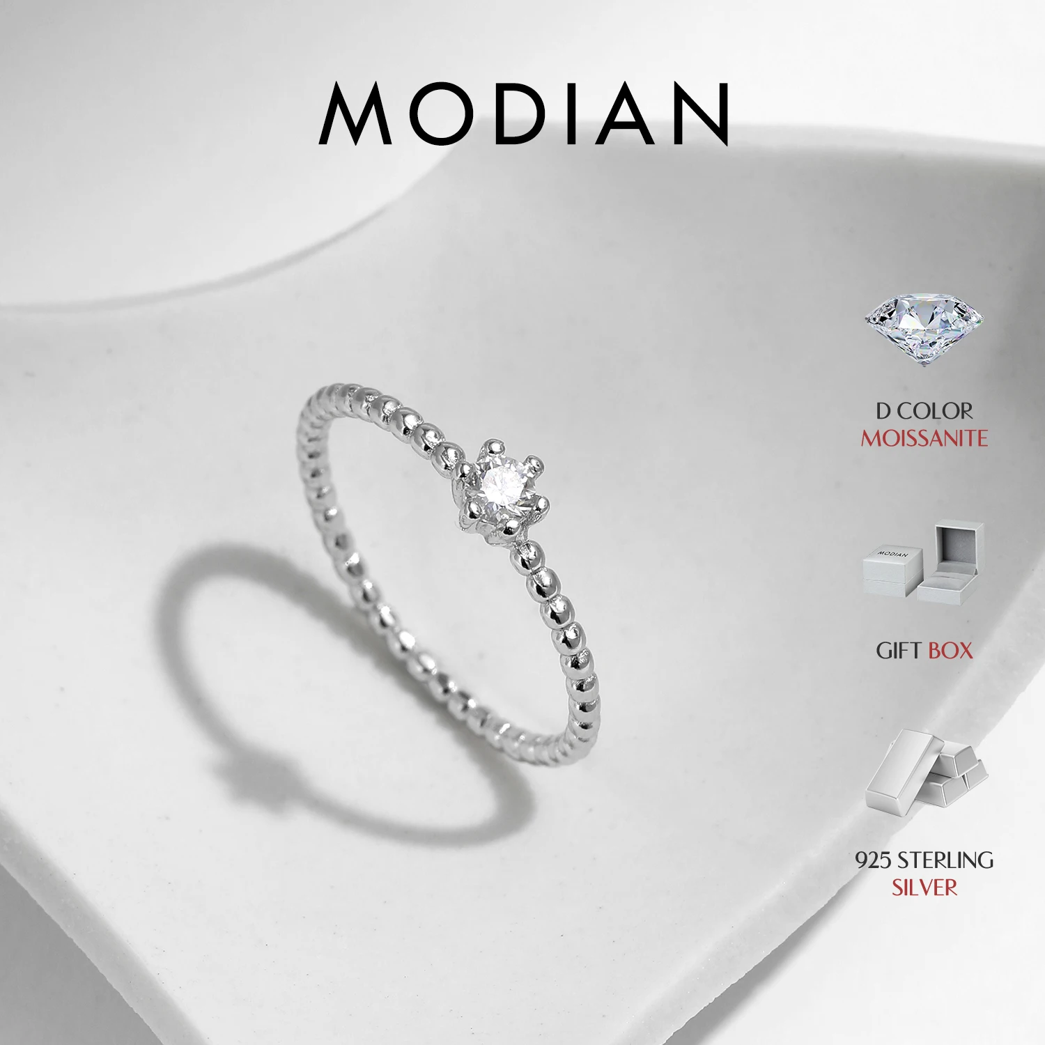 MODIAN D Color Round Moissanite Lab Diamond Rings 925 Sterling Silver Simple Classic Beads Stackable Ring For Women Jewelry