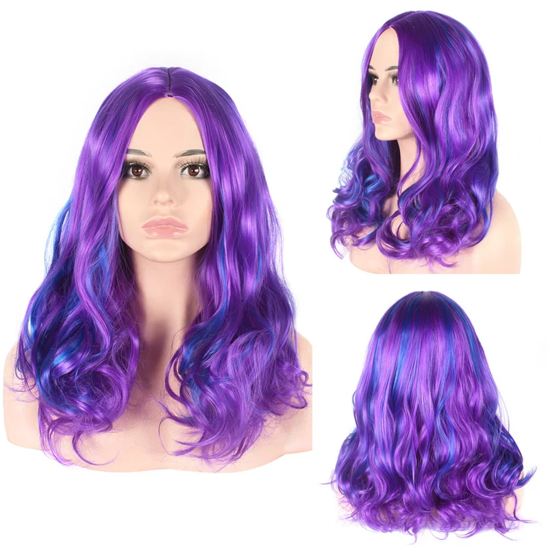 European and American style long curly wig for women, synthetic , purple-blue, high-temperature fiber, vintage full headpie