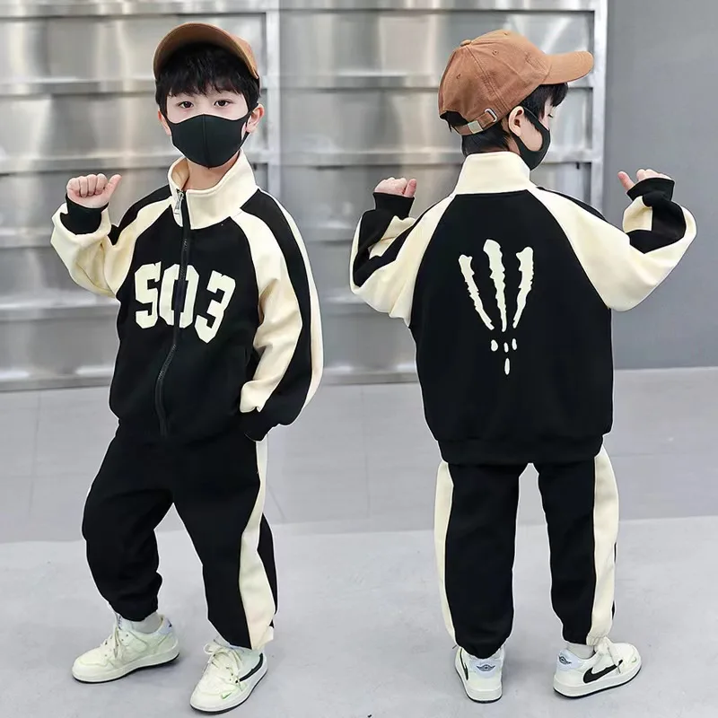 

Spring Autumn Boys Contrast Full Zip Sweat Jackets+Sweatpant Child Tracksuit School Kids Jogging Outfits Workout Sets 3-14 Years