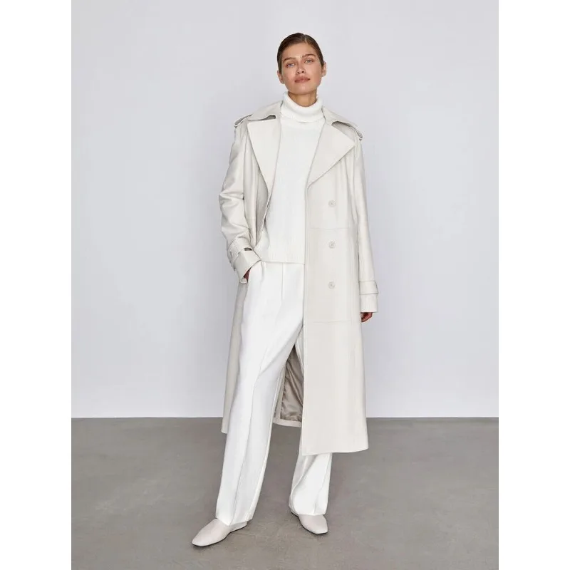 

Women's Genuine Leather Long Coat Real Lambskin Stylish White Belted Trench Coat Coats and Jackets Women