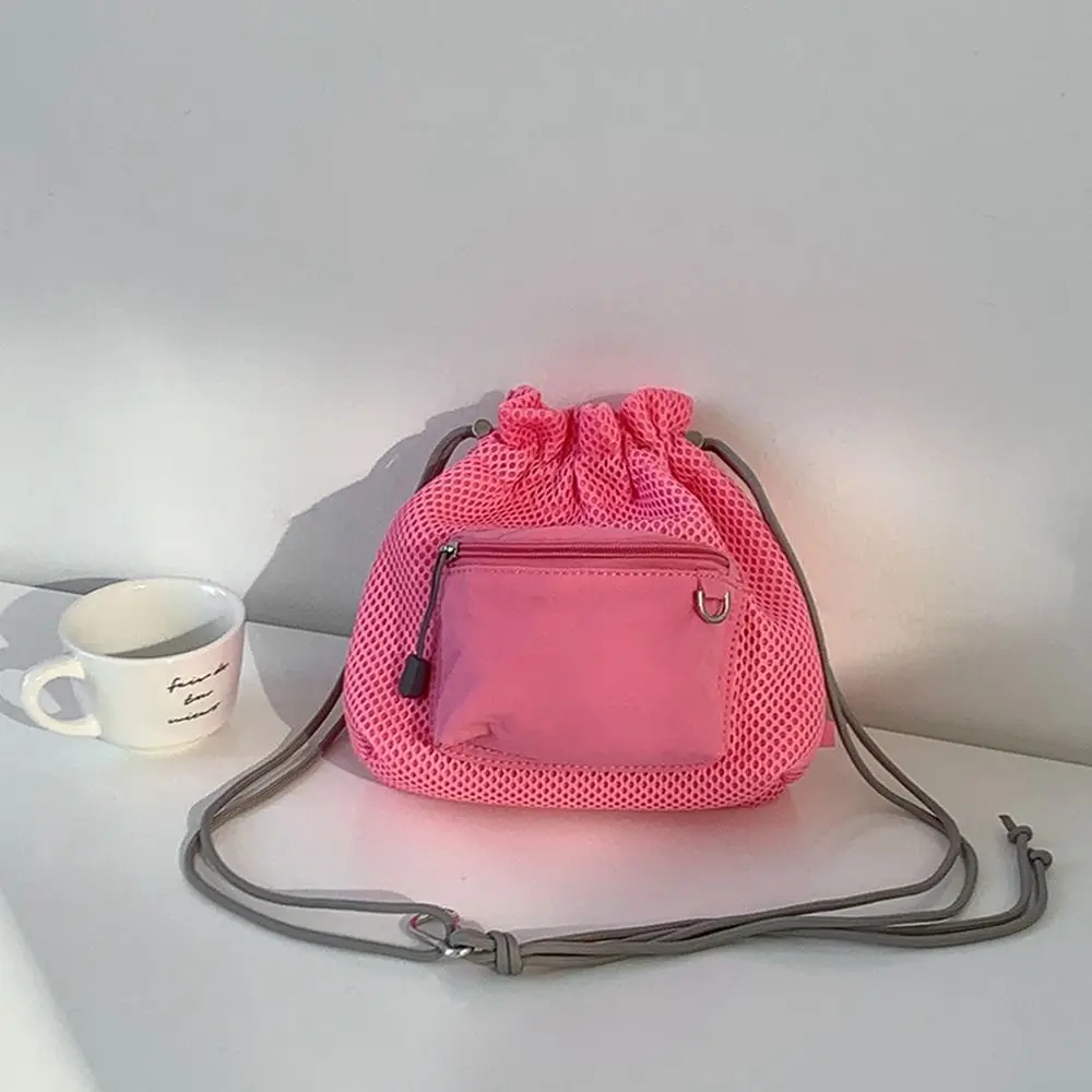 

Korean Style Drawstring Bucket Bag Handbag Solid Color Folded Nylon Shoulder Bag Mobile Phone Bag Purse Small Crossbody Bag