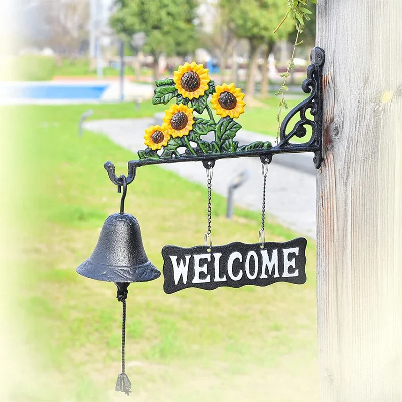 Yellow Green Sunflower Cast Iron Hand Cranking Bell With Hanging Welcome Signs Plaque Home Garden Hand Paint Double-sided Ring