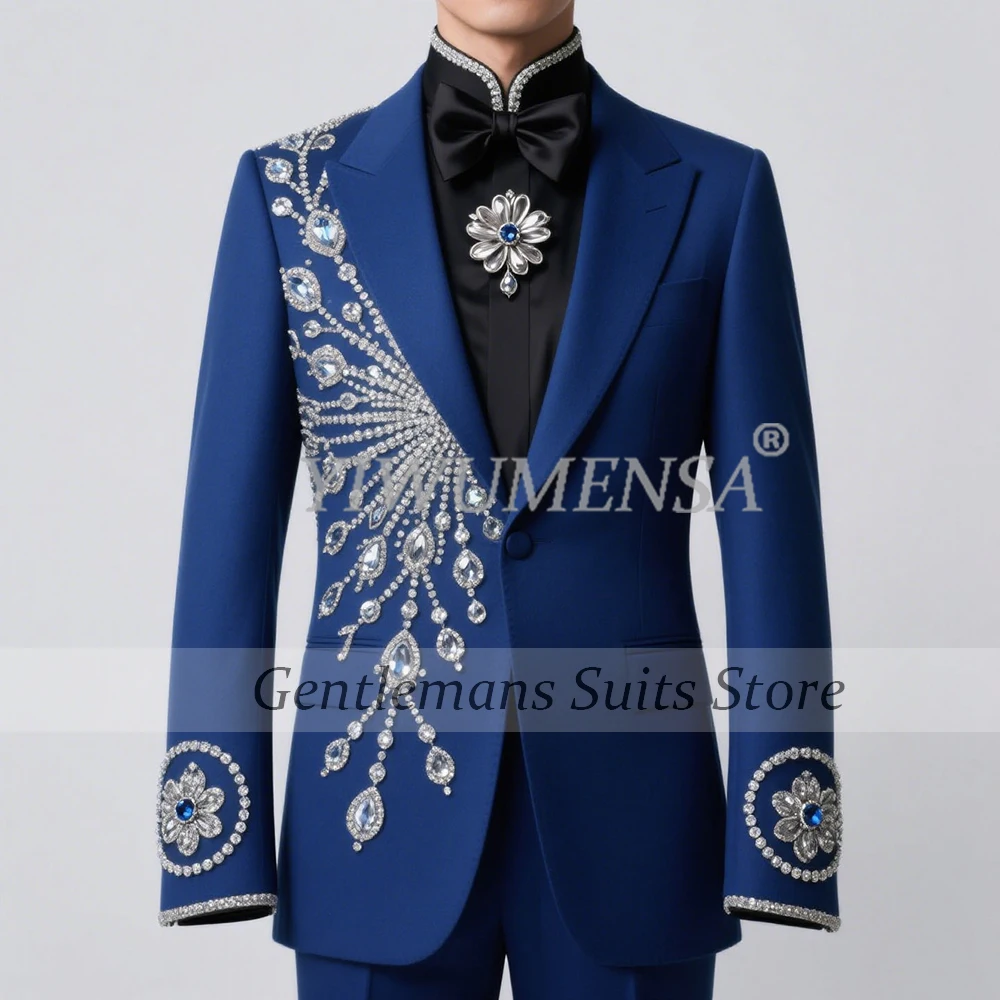 

Brilliant Diamond Stones Suits Men For Wedding Single Breasted Prom Blazers Customized 2 Pieces Man Banquet Groom Tuxedos Luxury