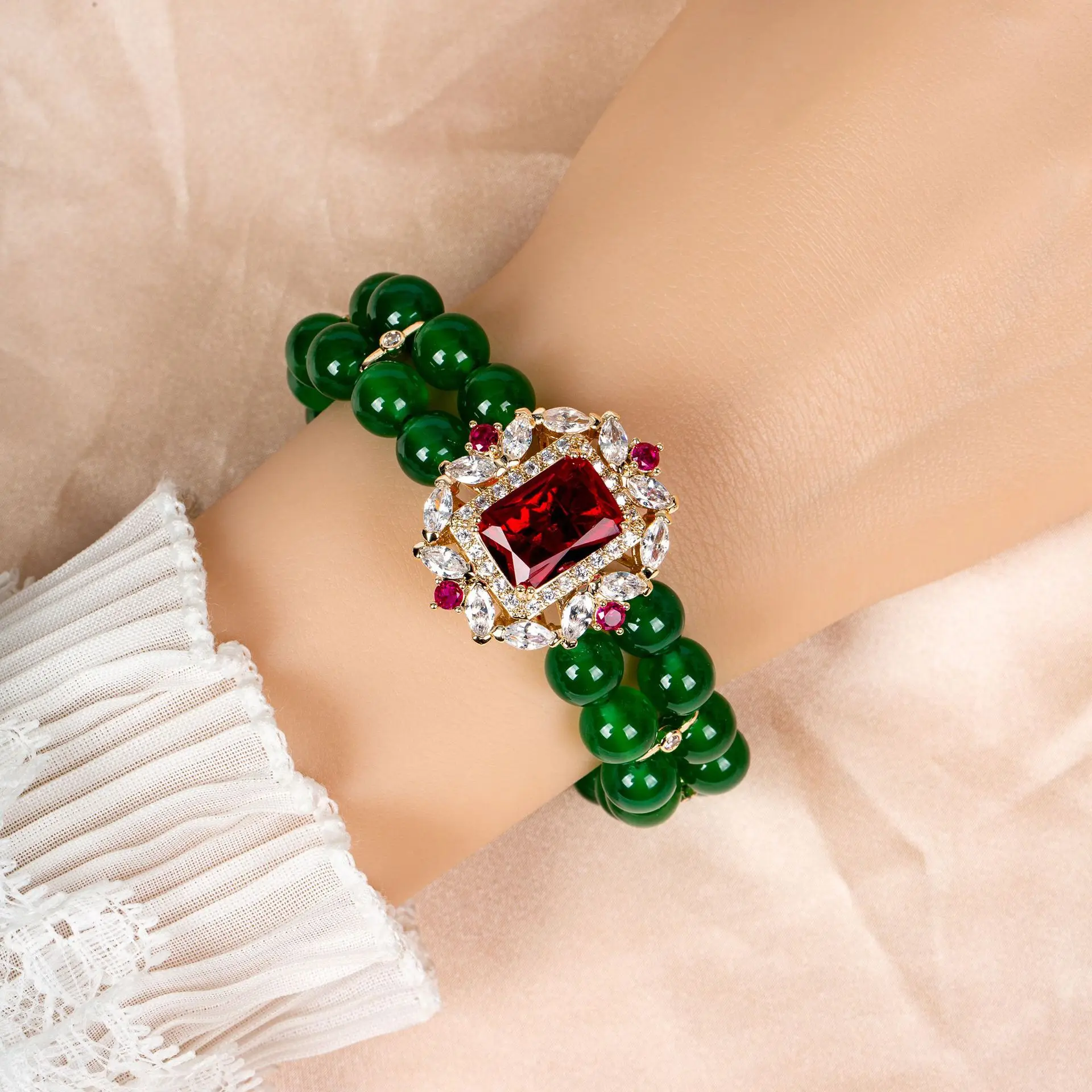 HIBRIDE New noble air sense queen red jewellery green agate multi-colour bracelet women's set wedding party banquet gift B12