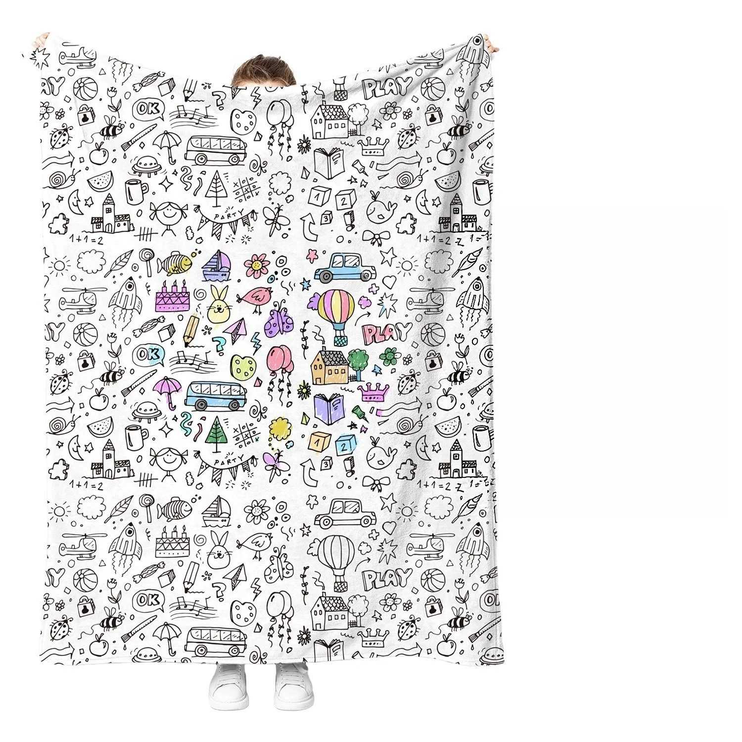 DIY Graffiti Blanket Kids Doodle Line Art Throw Blanket Cartoon Daily Items Coloring Blanket for Home Bedroom Decor