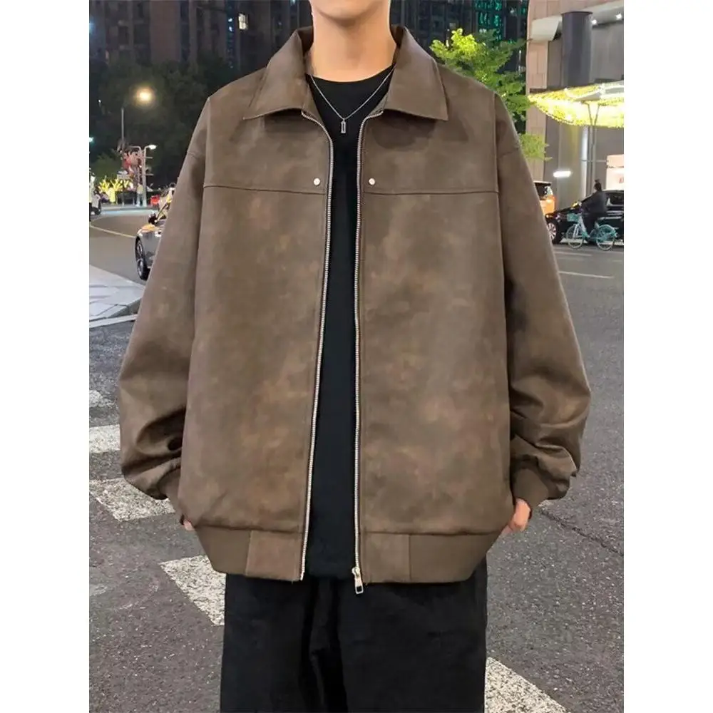 

Мужская свободная верхняя одежда в стиле ретро Street Sle Pilot Jaet, коричневая замшевая свободная верхняя одежда, осень 2024, новинка, модная подставка, молодежный полиэстер