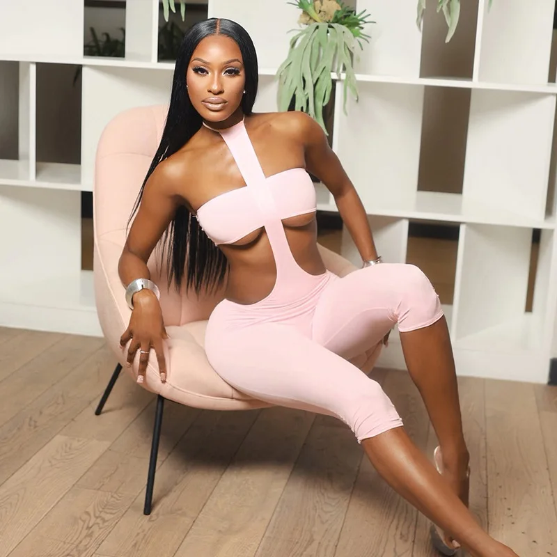 مثير الجوف خارج حللا قطعة واحدة وتتسابق 2025 ملابس الصيف النسائية رومبير نادي أنيق Bodycon الفاخرة الرسن الصلبة حللا