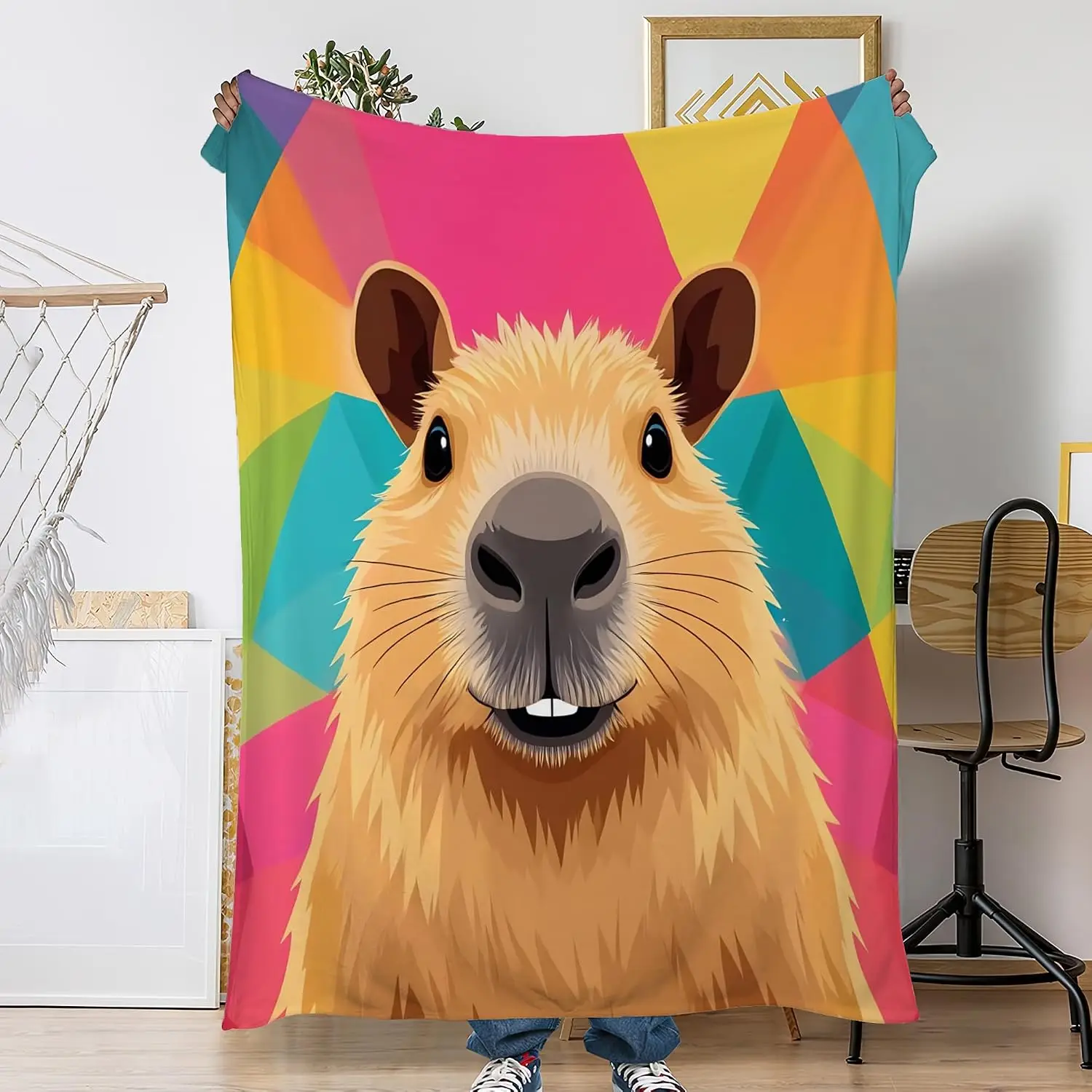 Cartoon Happy Capybara Portrait Bright Colorful Triangle Geometric Pattern Flannel Throw Blanket, Warm Cozy Blanket, Kids Animal