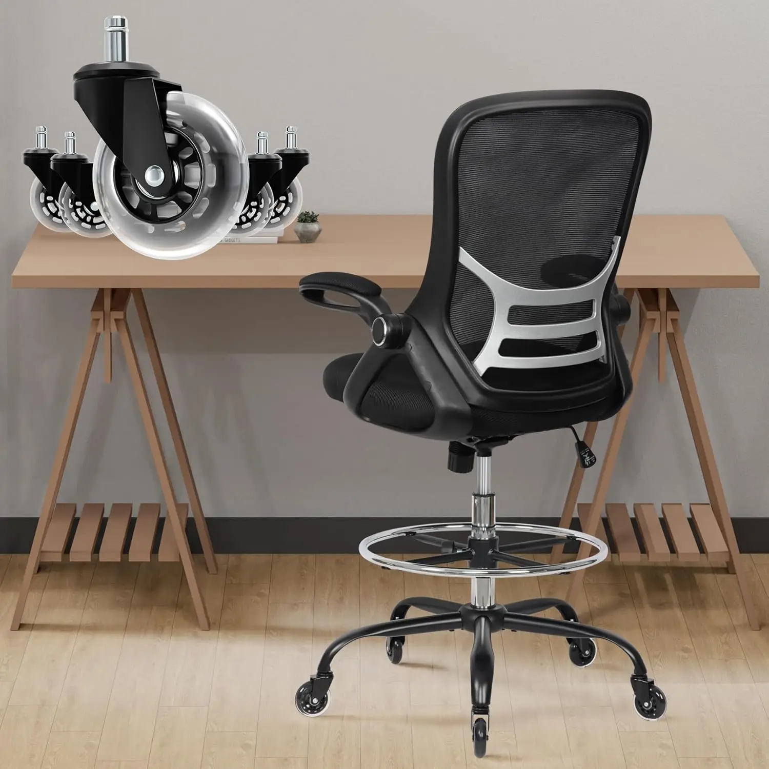 

Adjustable Drafting Chair with Lumbar Support, Ergonomic Tall Office Stool for Standing Desk, Heavy Duty with Footrest