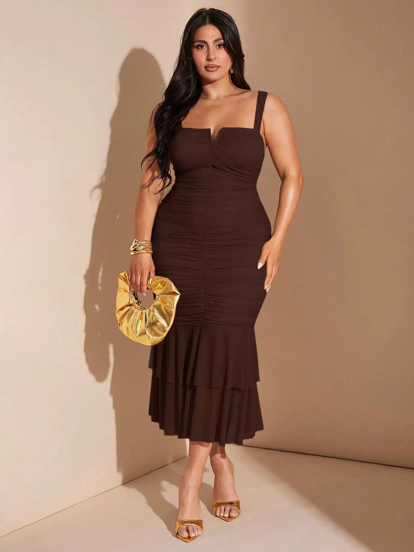 

Plus Size Women V-Neck Ruched Ruffle Hem Midi Bodycon Dress For Vacation Party