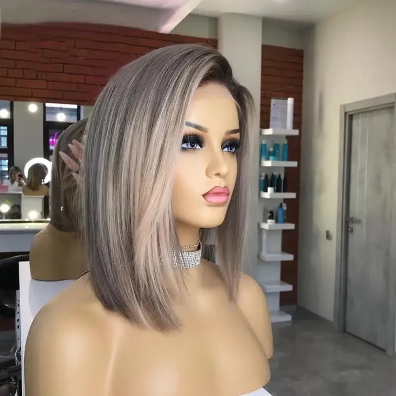Peluca Bob corta, pelucas de cabello humano de color rubio ceniza, pelucas de cabello humano con frente de encaje marrón, muy adecuadas para actuaciones