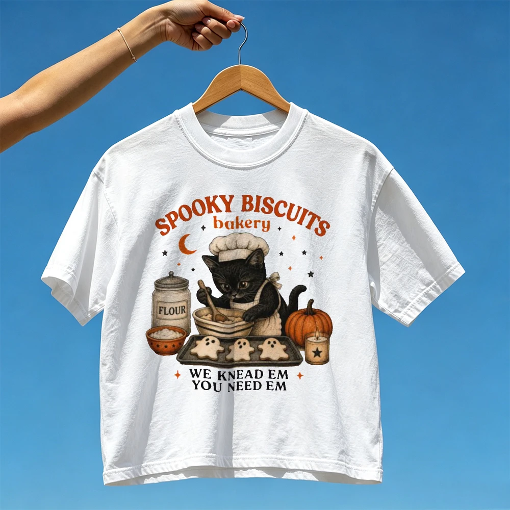 Retro Baking T-Shirt Spooky Biscuits Bakery Black Cat Halloween Pumpkin Ghost Cookies We Knead Em You Need Em Cat Lover Gift