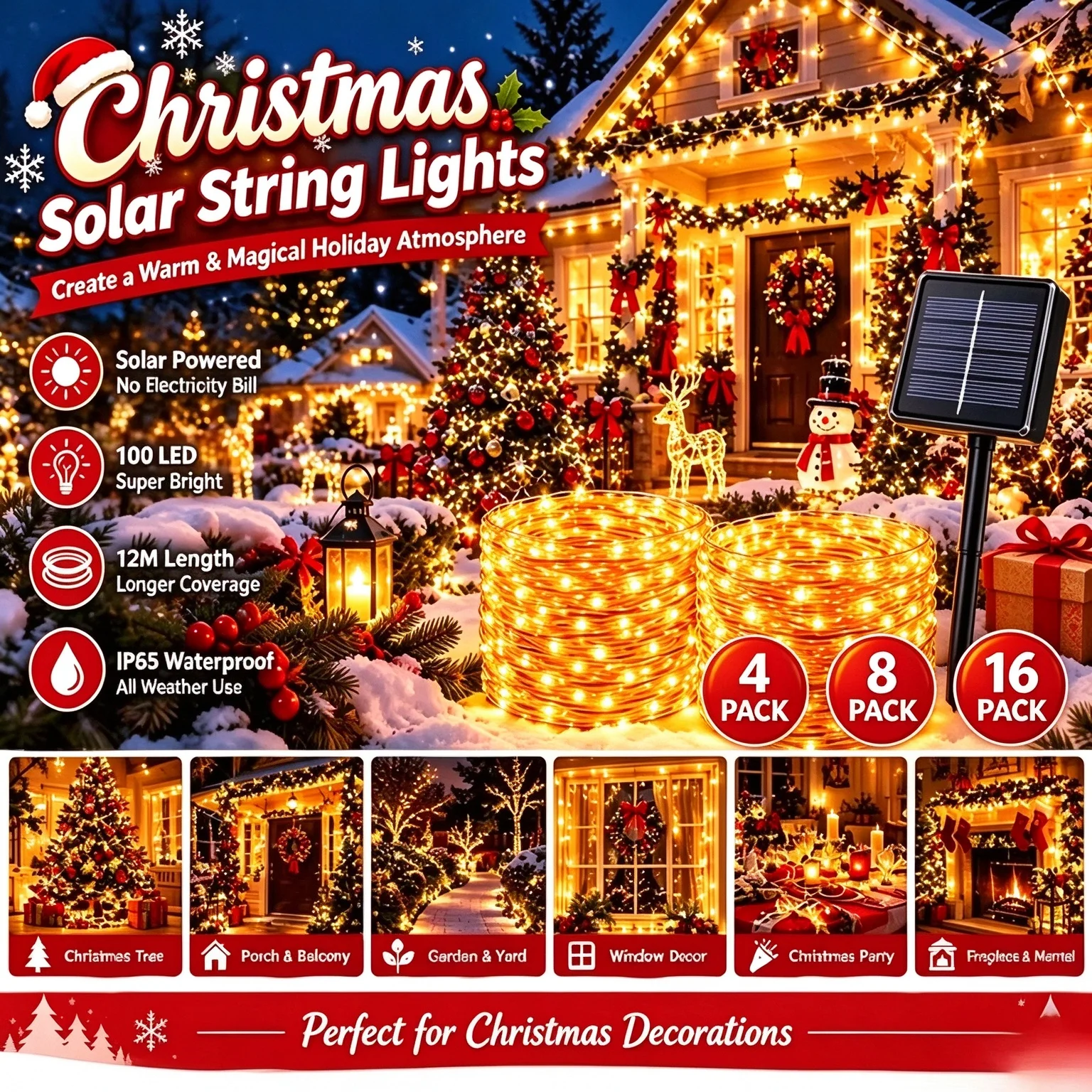 4/8/16Pack Solar String Lights Outdoor 400/800/1600LED Copper Wire Fairy Lights 8 Modes Solar Powered for Garden Yard Porch Christmas Tree Window Wedding Party Holiday Decoration Warm White