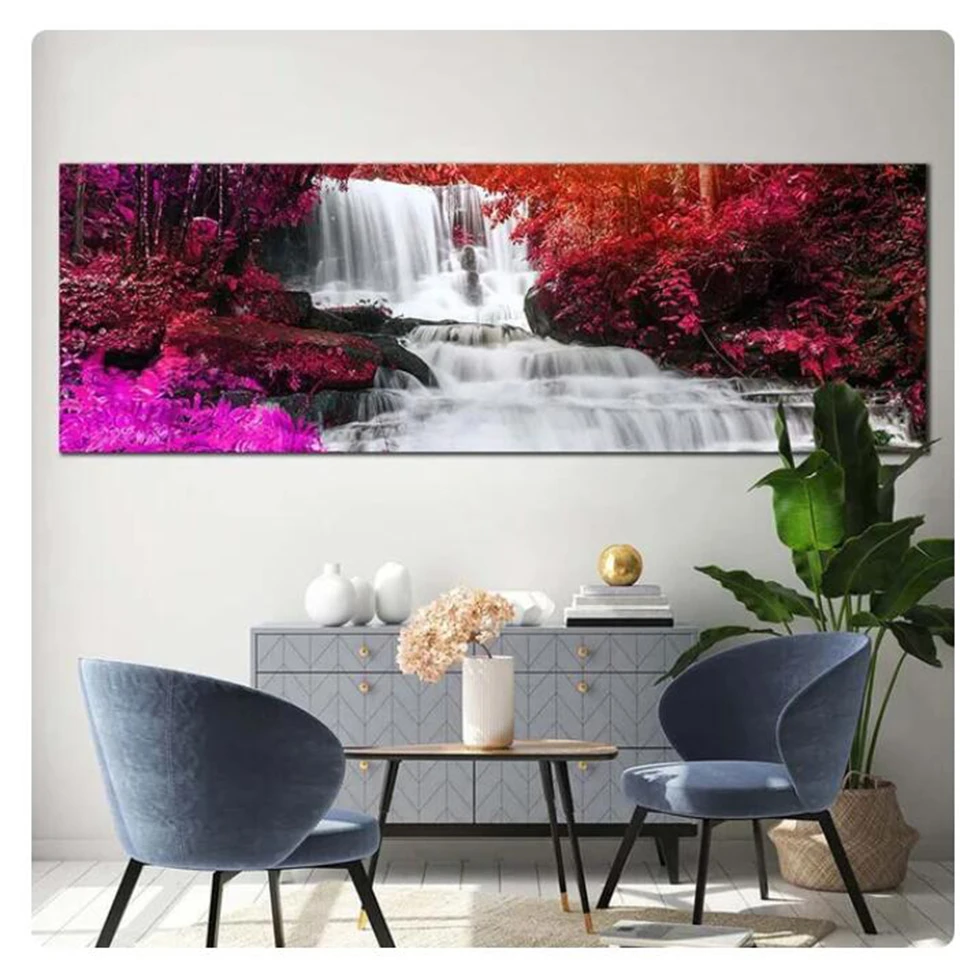 New 5D DIY Diamond Mosaic Full Round Rhinestones Natural Flower Tree Waterfall Landscape Diamond Painting Large Embroidery H529