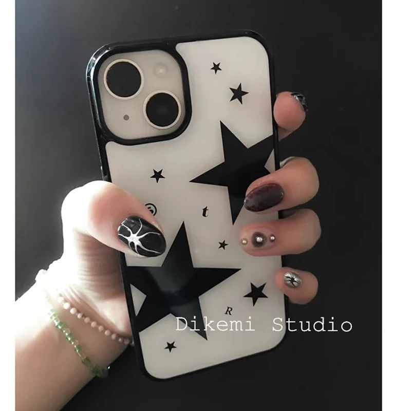 Ins Coreano Black Star Cool Fashion Giovane Ragazza Cassa Del Telefono Per iPhone 16 15 14 13 12 11 Pro MAX 14 15 16 PLUS Y2K Trasparente Della Copertura Morbida