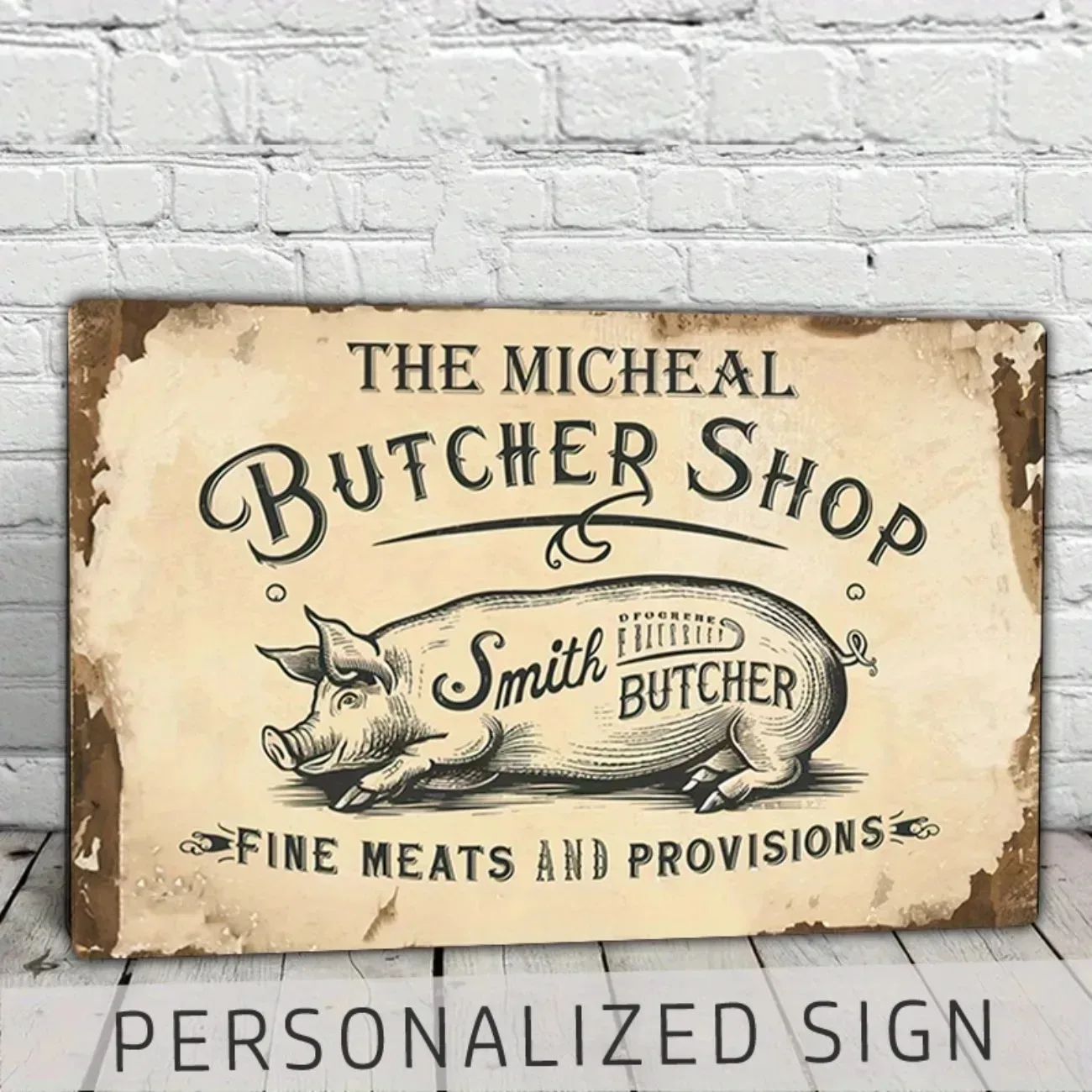 1pc Custom Vintage Butcher Shop Metal Sign Personalized Name Farmhouse Kitchen Wall Decor Gift Decorative Only