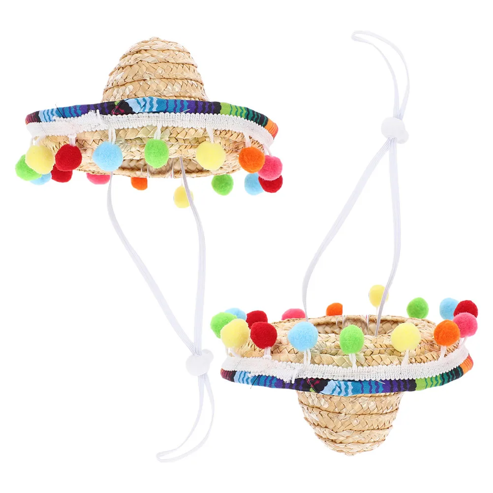 

2Pcs Mexican Hats Cinco De Mayo Fiesta Carnival Party Woven Straw Small Adjustable Chin Spanish Theme Woven Hat Strap Summer