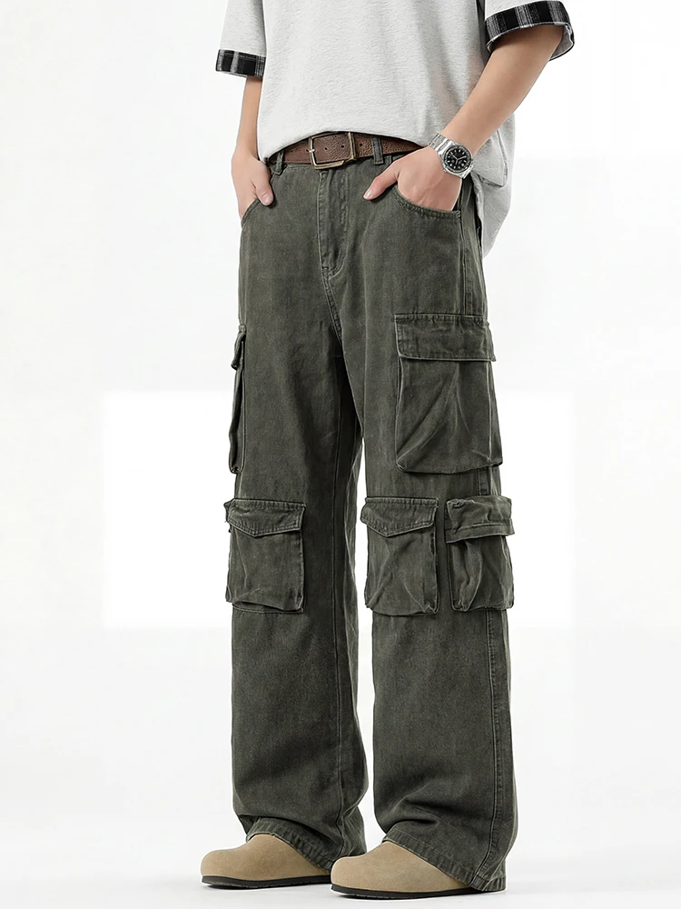 KSTUN Men's Multi-Pocket Cargo Pants Elastic Waist Wide Leg Loose Workwear Streetwear Casual Green Trousers 3 Colors Available