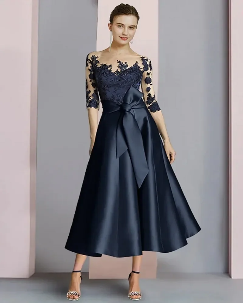 

2026 Dark Navy A-Line Mother of the Bride Dress Elegant Scoop Lace Appliques 3/4 Sleeves Ankle Length Satin Groom Party Gowns
