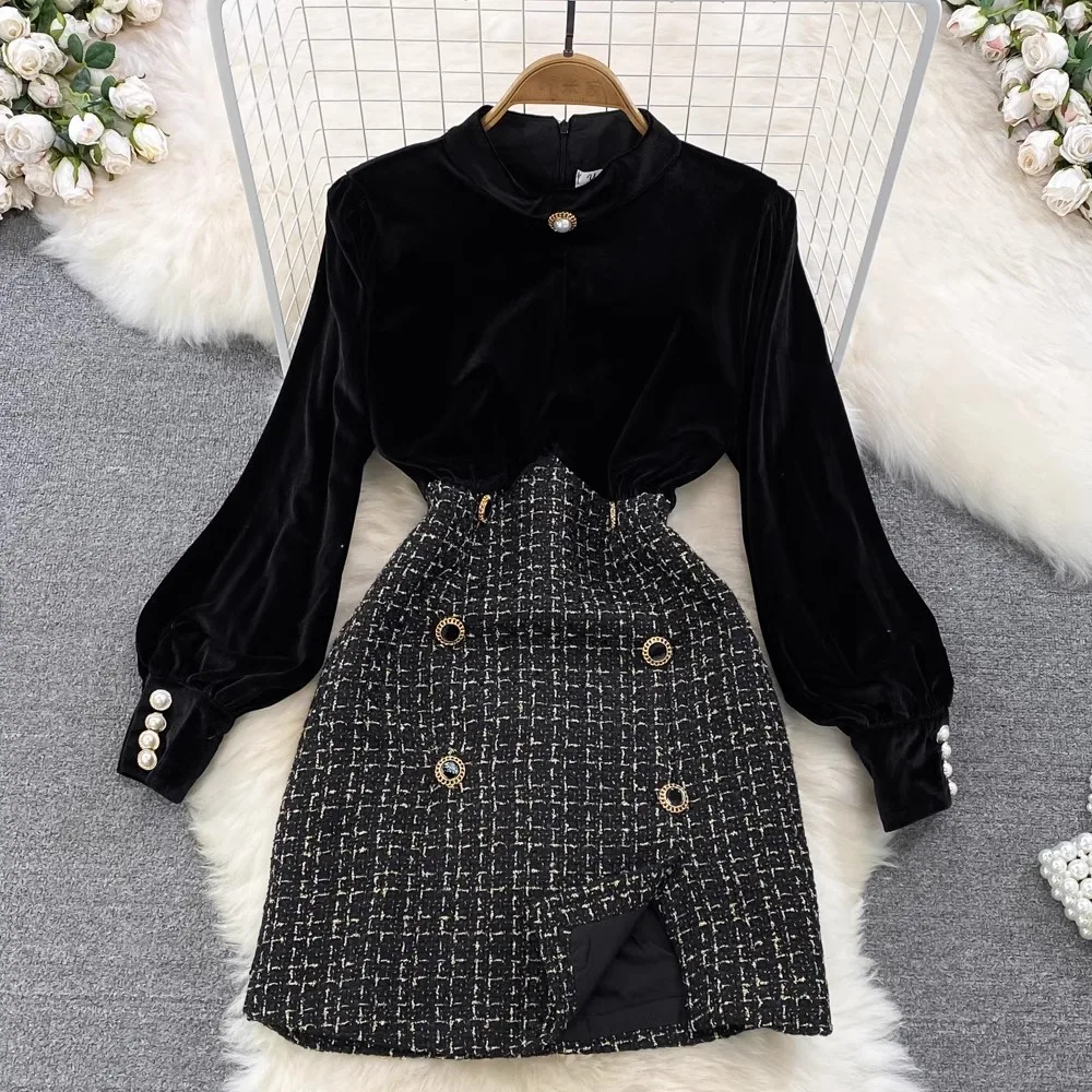 Vintage Black Velvet Dress Women Spring Autumn Long Sleeve Patchwork Tweed Mini Dress Party Dress Vestidos